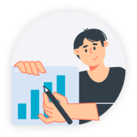Person showing an upward bar chart, representing sales growth achieved through a visual support tool