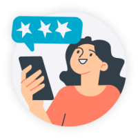 Woman holding a phone with three stars emerging, symbolizing excellence and high customer satisfaction